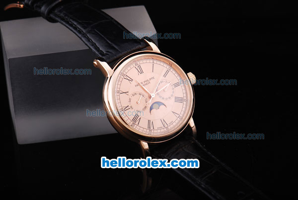 Patek Philippe Automatic Rose Gold Case and Dial with Black Marking and Leather Strap - Click Image to Close